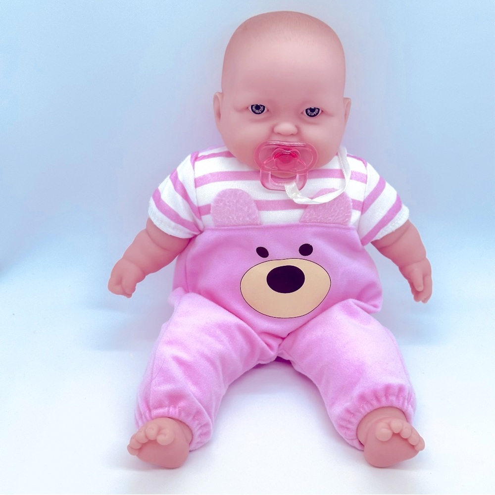 JC Toys Berenguer Girl Baby Doll Realistic Blue Eyes Pink Outfit w/Pacifier 12"